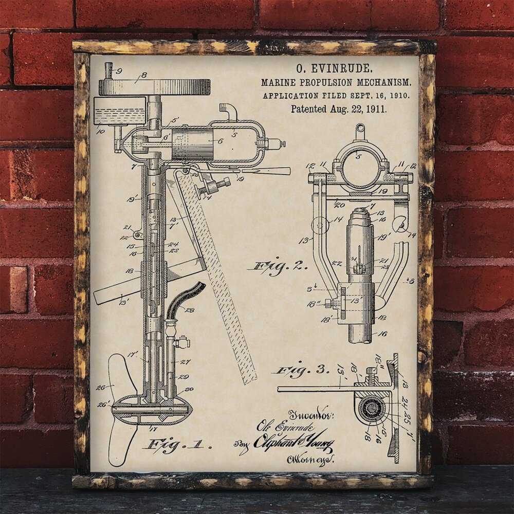 1911 Evinrude Outboard Motor Patent Art 16x20 Vintage Nautical Custom Parchment